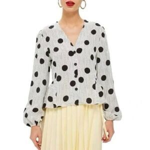 Topshop Polka Dot Peplum Blouse - size 6 in Black/White